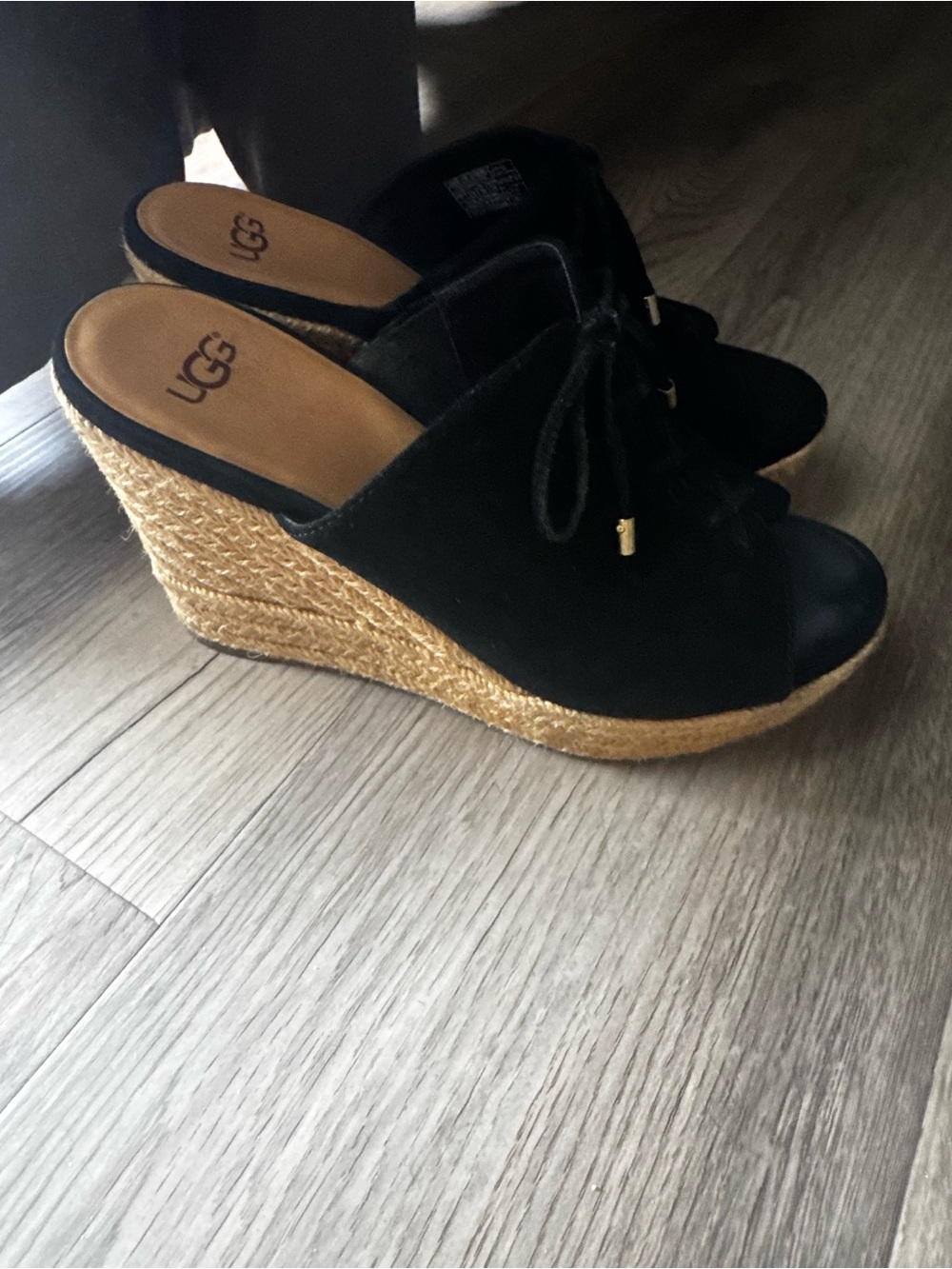 UGG Black Suede Espadrille Wedge Mules with Natural Raffia Platform